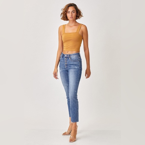 Risen Jeans Denim - Risen Betty High Rise Button Fly Raw Hem Skinny Straight Leg Jeans Size 3